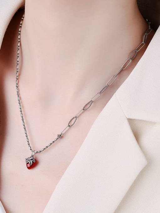 KDP-Silver 925 Sterling Silver Enamel Friut Vintage Asymmetrical Chain Heart Necklace 1
