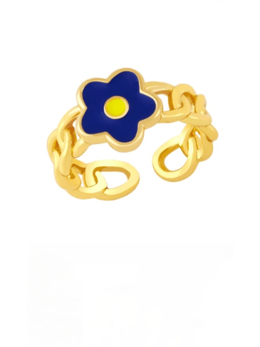 Dark blue Brass Enamel Flower Minimalist Band Ring