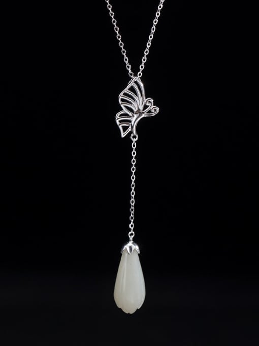 SILVER MI 925 Sterling Silver Jade Butterfly Tassel Vintage Necklace 0