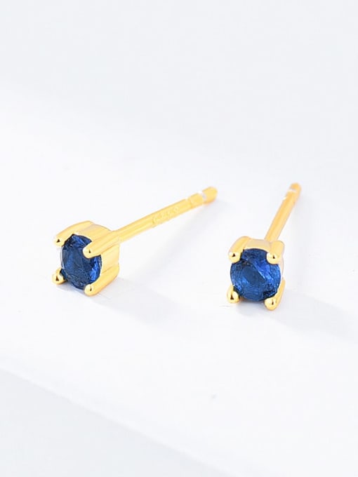 Blue glass 925 Sterling Silver Cubic Zirconia Round Minimalist Stud Earring