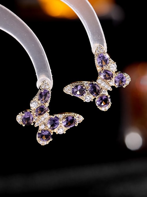 gold Small Purple Brass Cubic Zirconia Butterfly Luxury Cluster Earring
