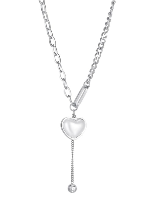 2071 steel Titanium Steel Imitation Pearl Heart Minimalist Tassel Necklace