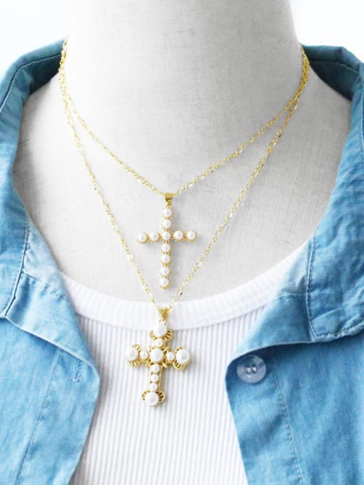 CC Brass Imitation Pearl Cross Hip Hop Regligious Necklace 1