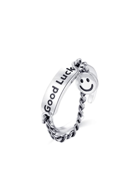 Boomer Cat 925 Sterling Silver With Antique Silver Plated Simplistic Geometric Alphabet Smiley  fFree Size Rings 0