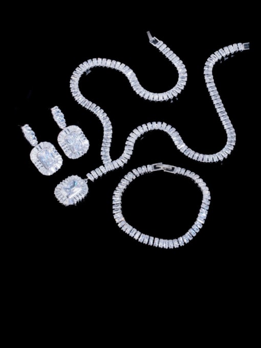 White three piece set Brass Cubic Zirconia Luxury Geometric  Earring Braclete and Necklace Set