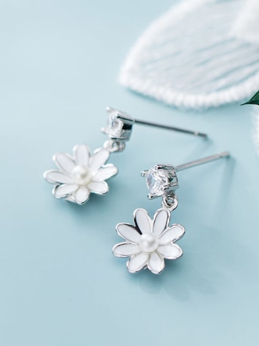Rosh 925 Sterling Silver Rhinestone Enamel Flower Cute Drop Earring 1