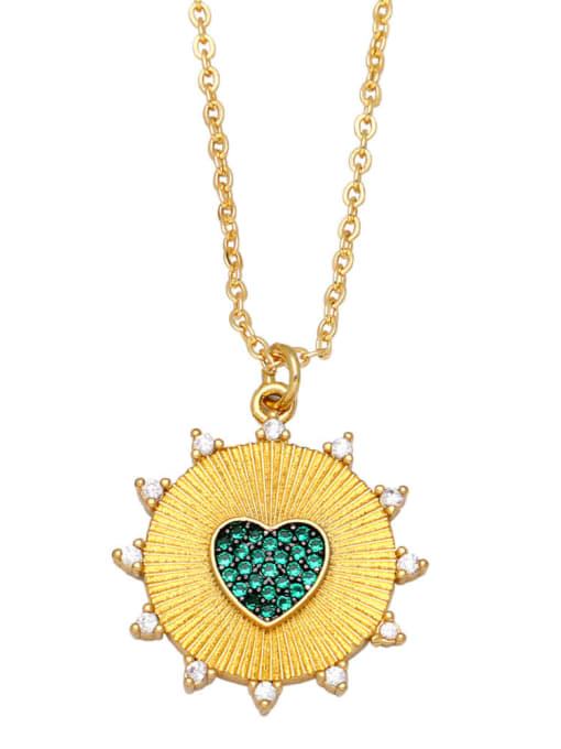 green Brass Cubic Zirconia Heart Vintage Round Pendant Necklace