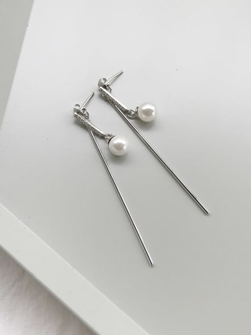 Boomer Cat 925 Sterling Silver Imitation Pearl Tassel Minimalist Threader Earring 1