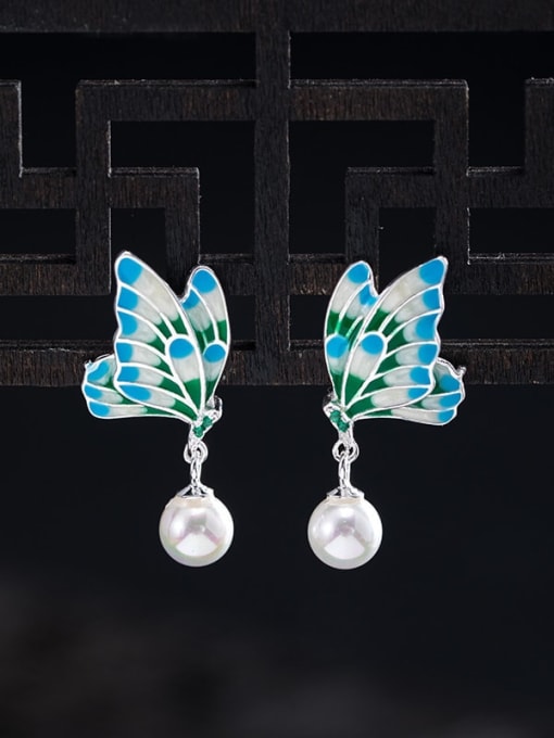 Colorful butterfly earrings 925 Sterling Silver Imitation Pearl Enamel Butterfly Vintage Necklace