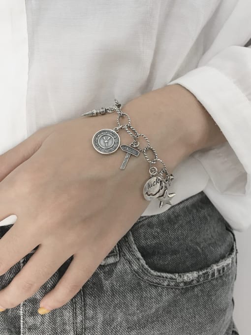 SHUI Vintage Sterling Silver With Simple Retro Hollow Chain Cross Pendant Bracelets 2