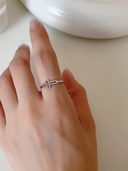 Boomer Cat 925 Sterling Silver Hollow Cross Minimalist Band Ring 2