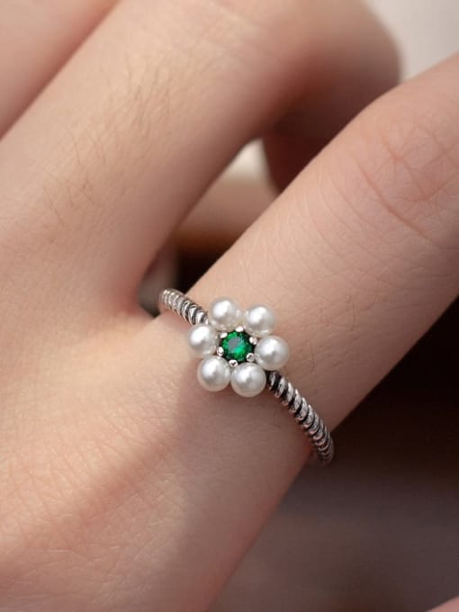 Rosh 925 Sterling Silver Imitation Pearl Flower Cute Band Ring 2
