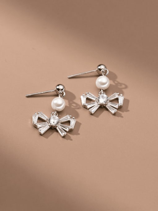Silver 925 Sterling Silver Cubic Zirconia Bowknot Minimalist Drop Earring