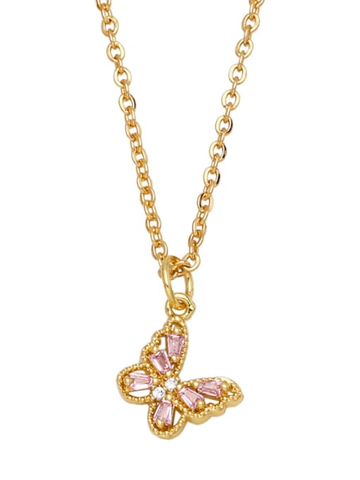 Pink Brass Cubic Zirconia Butterfly Vintage Necklace