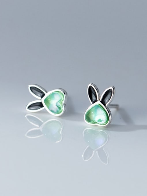 Green Glaze Black 925 Sterling Silver Cubic Zirconia Rabbit Cute Stud Earring