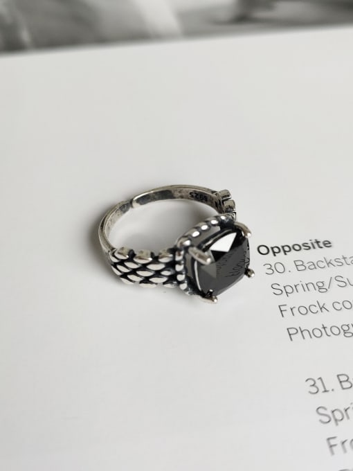 Boomer Cat 925 Sterling Silver Cubic Zirconia Black Square Vintage Free Size Band Ring 0