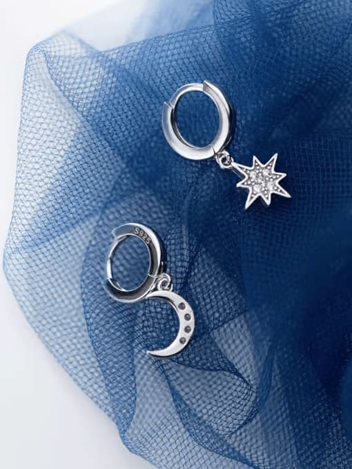 Rosh 925 Sterling Silver Cubic Zirconia Asymmetrical Star Moon Dainty Huggie Earring 3