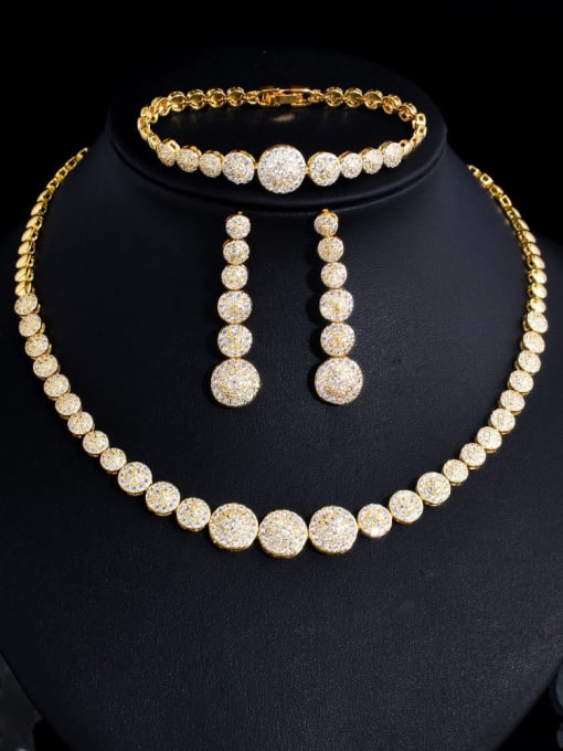 Gold four piece set Brass Cubic Zirconia Luxury Geometric  Earring Bracelet and Necklace Set