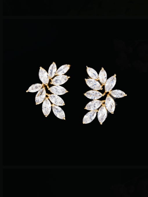 Gold Brass Cubic Zirconia Leaf Luxury Cluster Earring