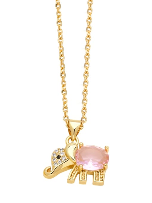 Pink Brass Cubic Zirconia Elephant Cute Necklace