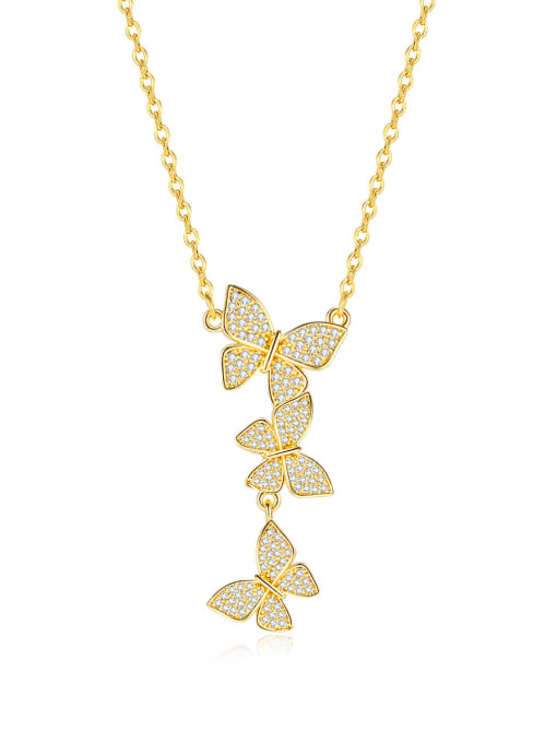 074 gold Titanium Steel Cubic Zirconia  Cute Butterfly Pendant Necklace