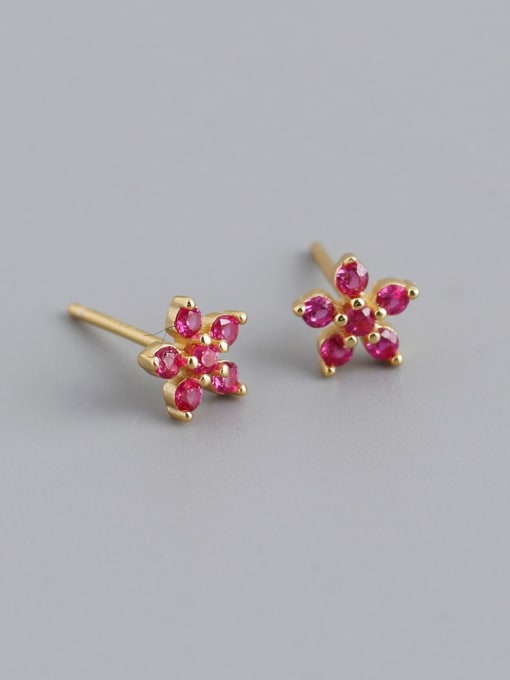 Red stone (gold) plastic plug 925 Sterling Silver Cubic Zirconia Flower Vintage Stud Earring