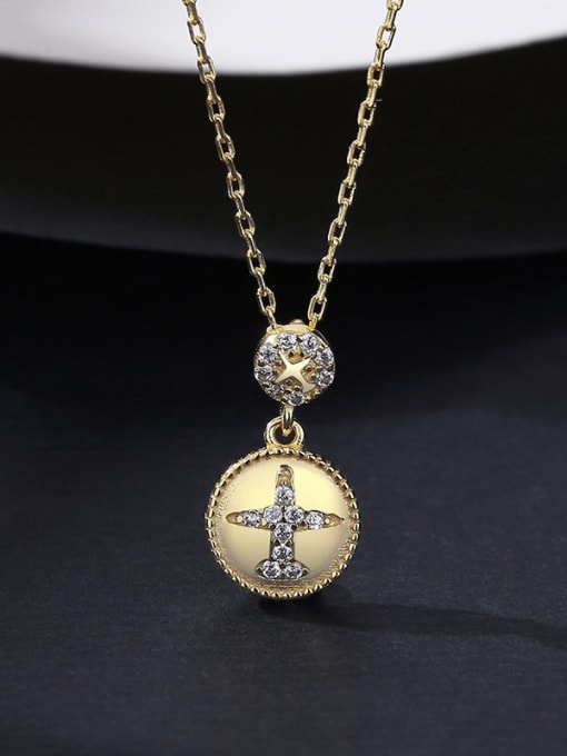 18K gold 925 Sterling Silver Rhinestone Cross Minimalist Round Pendant Necklace