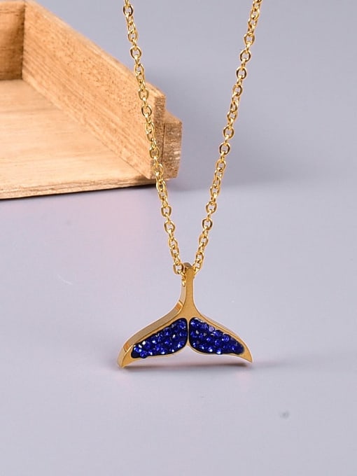 Gold Blue Diamond Titanium Rhinestone Fish Tail Minimalist  Pendant Necklace