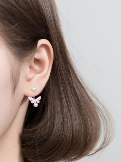 Rosh S925 silver simple diamond V-shaped  Imitation Pearl  Earrings 1
