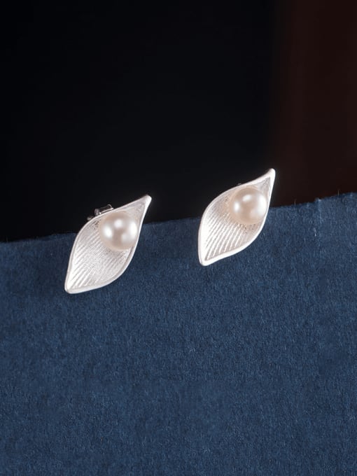 SILVER MI 925 Sterling Silver Imitation Pearl Irregular Vintage Stud Earring 0