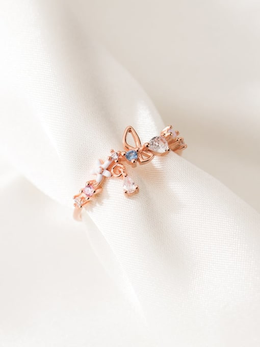 Rose Gold 925 Sterling Silver Cubic Zirconia Flower Dainty Band Ring