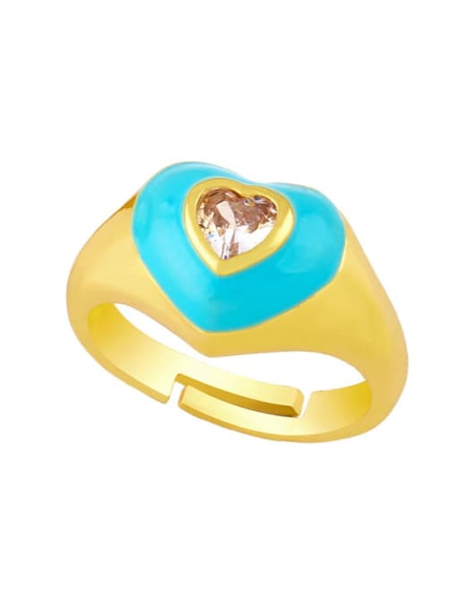 Sky blue Brass Enamel Cubic Zirconia Heart Hip Hop Band Ring