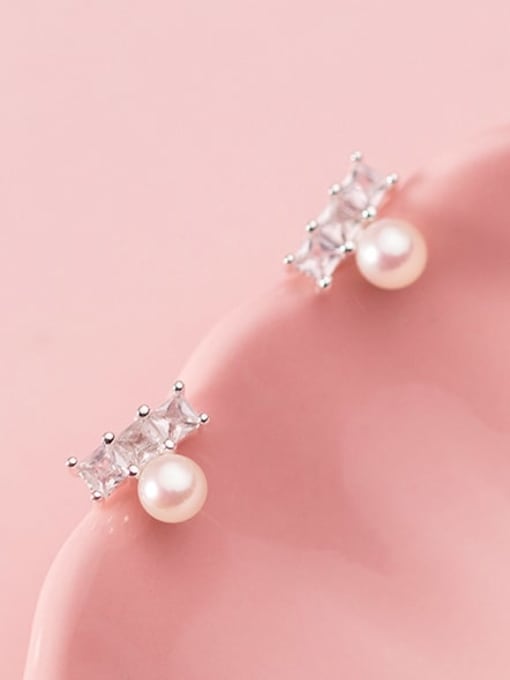 Rosh 925 Sterling Silver Imitation Pearl White Bowknot Minimalist Stud Earring 1