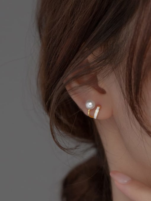 Rosh 925 Sterling Silver Imitation Pearl Enamel Geometric Minimalist Stud Earring 1