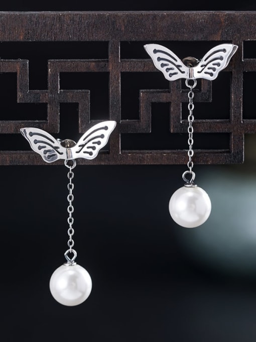 SILVER MI 925 Sterling Silver Imitation Pearl Butterfly Vintage Drop Earring 2