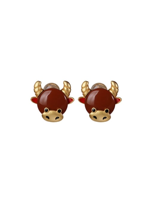 DEER 925 Sterling Silver Carnelian Zodiac cow Cute Stud Earring 0