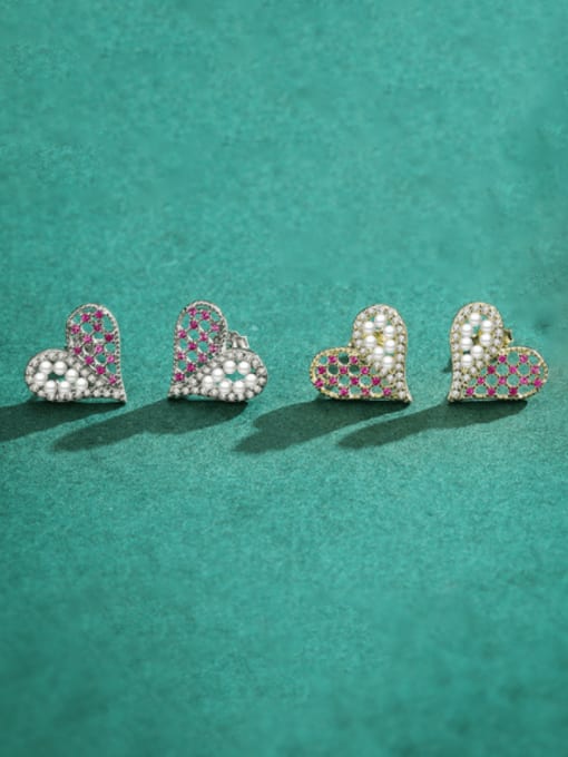 MODN 925 Sterling Silver Imitation Pearl Heart Minimalist Stud Earring 0