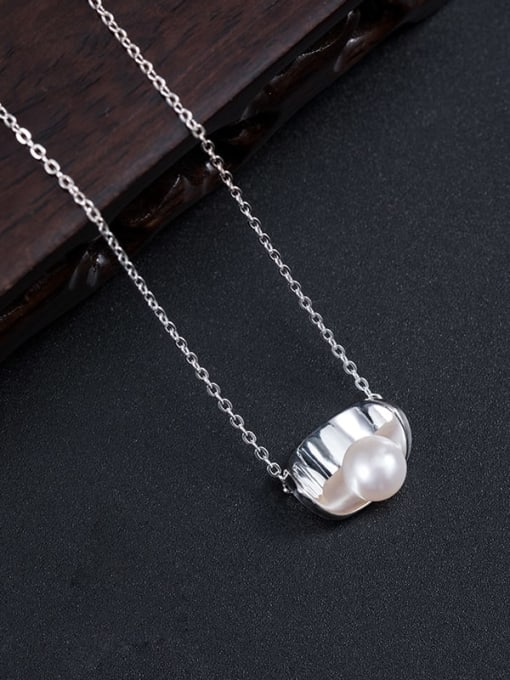 SILVER MI 925 Sterling Silver Imitation Pearl Geometric Minimalist Necklace 1