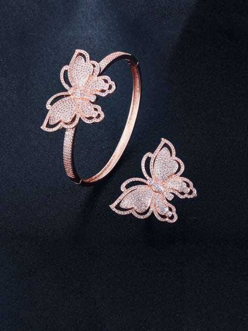 Rose Gold US 7 Brass Cubic Zirconia Luxury Butterfly  Ring and Bangle Set