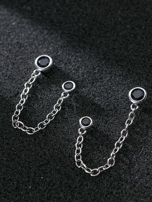 Rosh 925 Sterling Silver Vintage Chain round black diamond double ear hole  Threader Earring 0