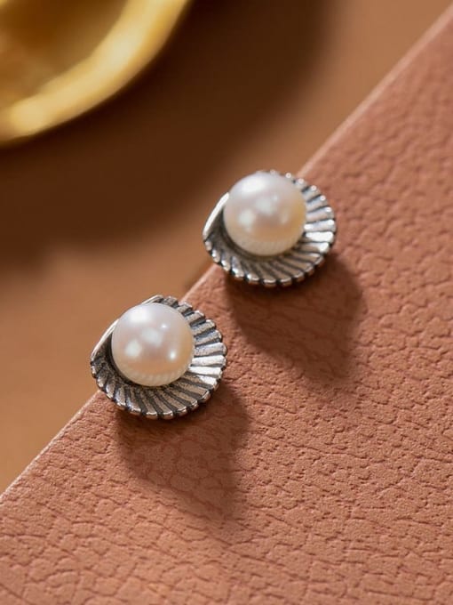 DEER 925 Sterling Silver Freshwater Pearl Irregular Vintage Stud Earring 0