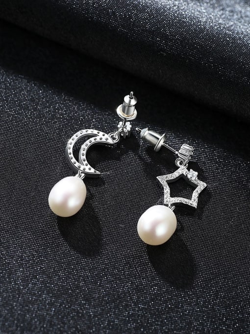 CCUI 925 Sterling Silver Freshwater Pearl White Star Moon Trend Drop Earring 2