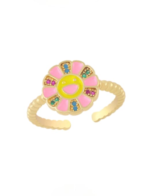 Pink Brass Enamel Smiley Flower Minimalist Band Ring