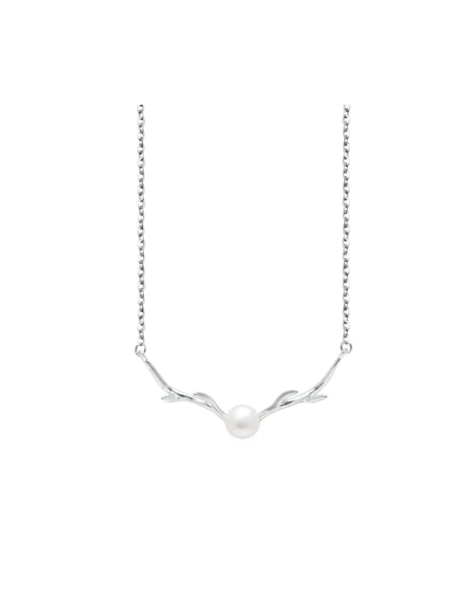 SILVER MI 925 Sterling Silver Imitation Pearl Antlers Minimalist Necklace 1