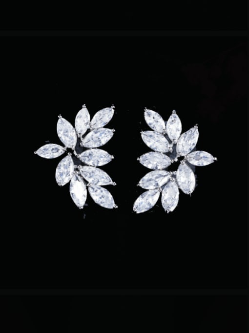 White Gold Brass Cubic Zirconia Leaf Luxury Cluster Earring