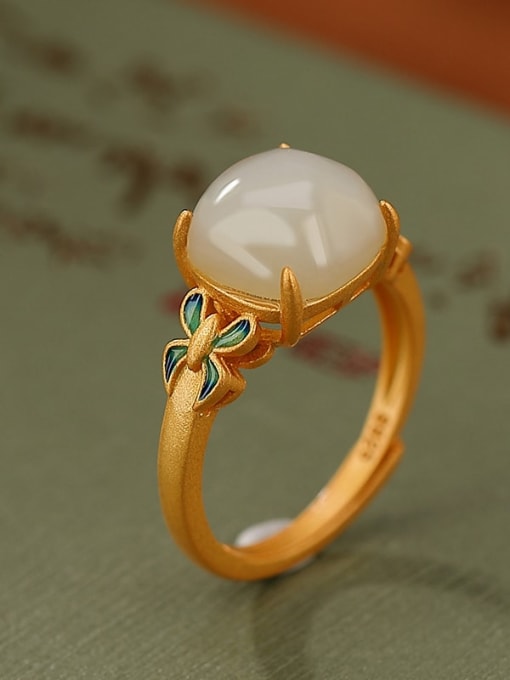 Gold Plated 925 Sterling Silver Jade Geometric Vintage Band Ring