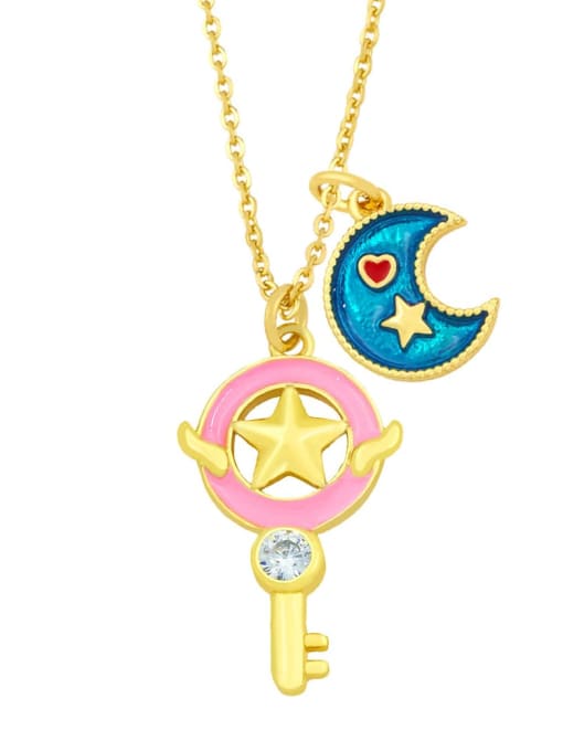 Pink Brass Rhinestone Multi Color Enamel Key Minimalist  Moon Pendant Necklace