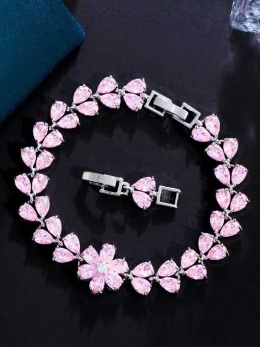 Pink Brass Cubic Zirconia Flower Statement Bracelet