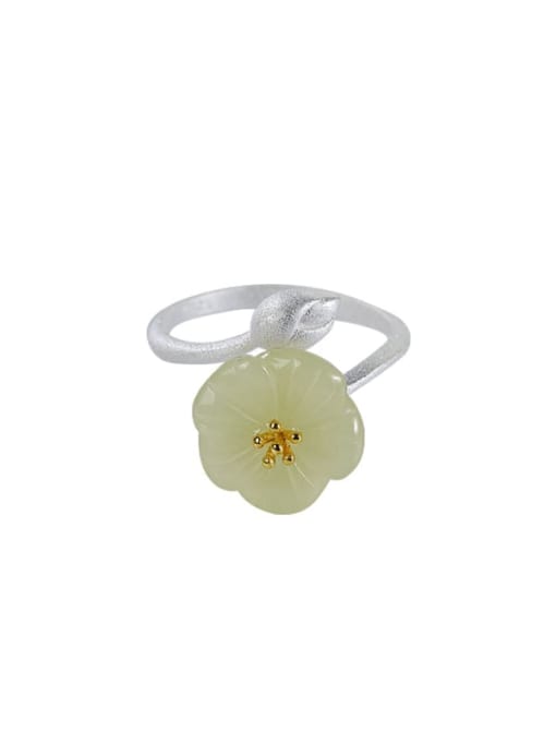 DEER 925 Sterling Silver Jade Flower Cute Band Ring 3
