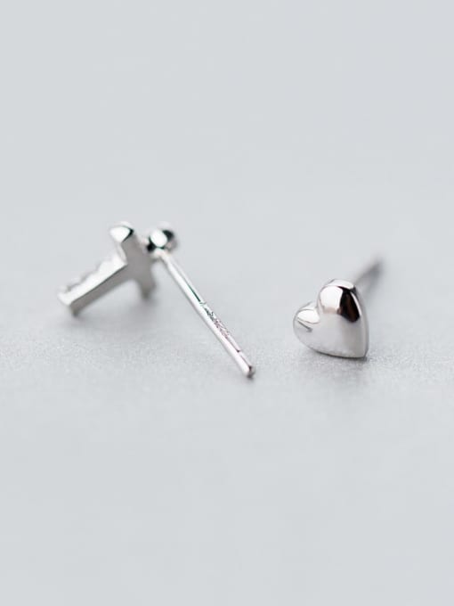 Rosh 925 Sterling Silver Rhinestone Asymmetry cross Heart Minimalist Stud Earring 2